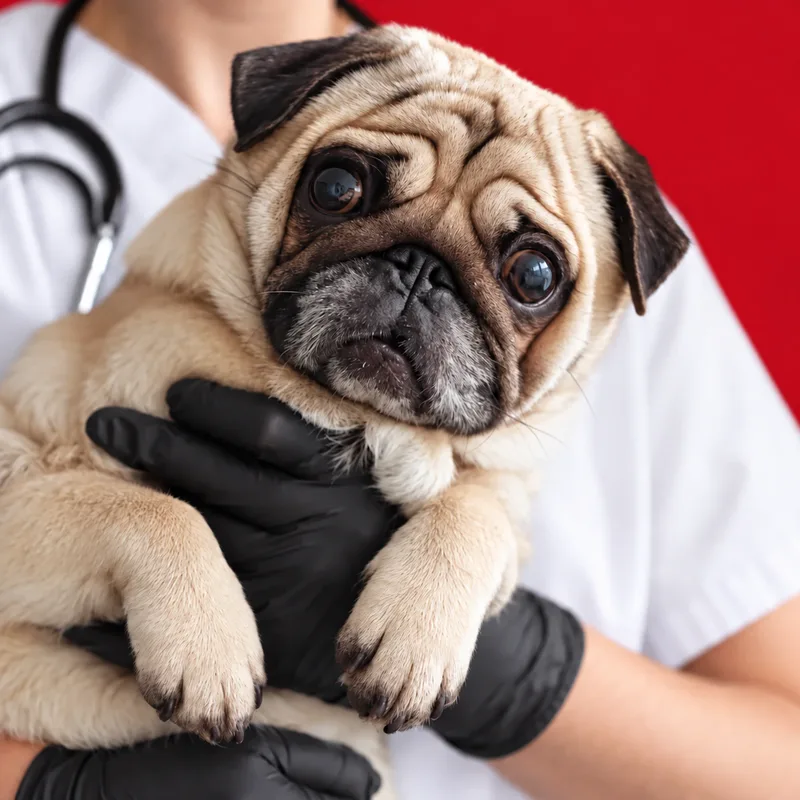 Pug no colo da veterinária