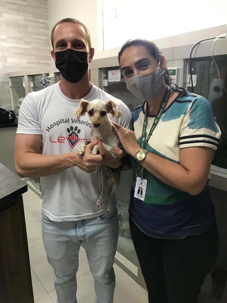 Tutor e veterinária do HV Levet com um cão após o atendimento